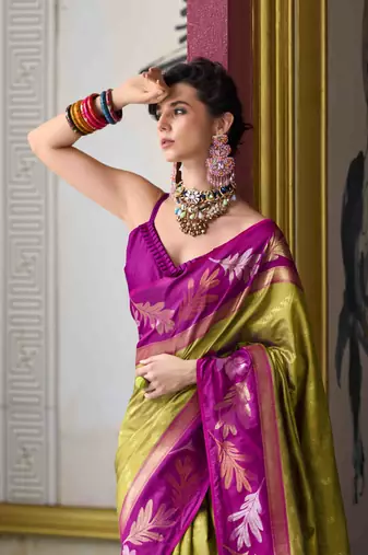 Kimisha mehndi silk blend banarasi saree with unstitched blouse piece
