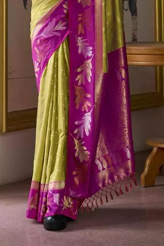 Kimisha mehndi silk blend banarasi saree with unstitched blouse piece