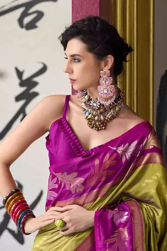 Kimisha mehndi silk blend banarasi saree with unstitched blouse piece