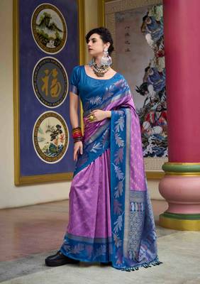 Kimisha lavender silk blend banarasi saree with unstitched blouse piece 1