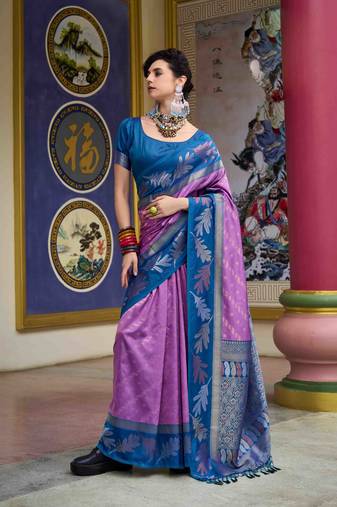 Kimisha lavender silk blend banarasi saree with unstitched blouse piece