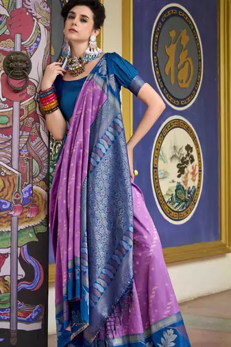 Kimisha lavender silk blend banarasi saree with unstitched blouse piece