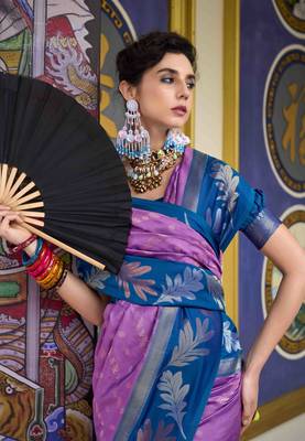 Kimisha lavender silk blend banarasi saree with unstitched blouse piece 3