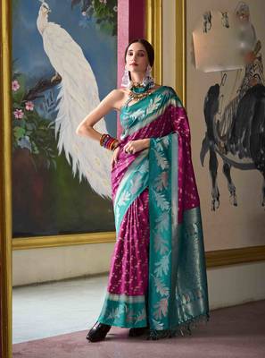 Kimisha wine silk blend banarasi saree with unstitched blouse piece 1