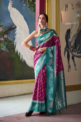 Kimisha wine silk blend banarasi saree with unstitched blouse piece