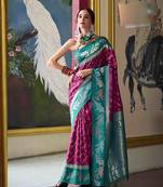 Kimisha wine silk blend banarasi saree with unstitched blouse piece