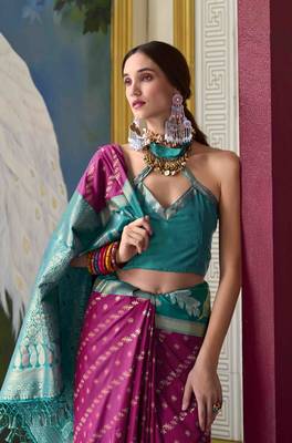 Kimisha wine silk blend banarasi saree with unstitched blouse piece 2