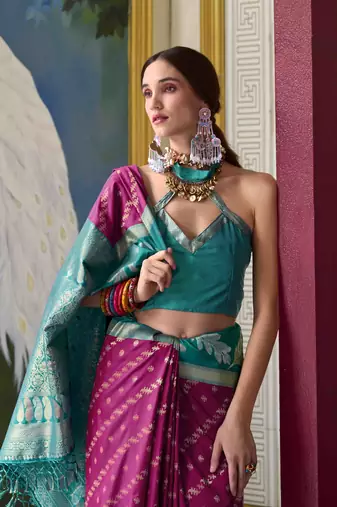 Kimisha wine silk blend banarasi saree with unstitched blouse piece