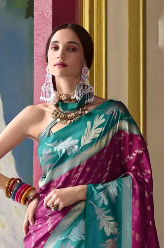 Kimisha wine silk blend banarasi saree with unstitched blouse piece