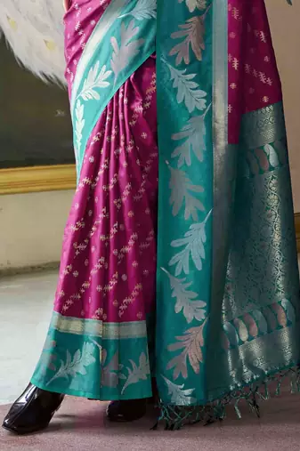 Kimisha wine silk blend banarasi saree with unstitched blouse piece