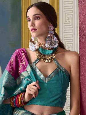 Kimisha wine silk blend banarasi saree with unstitched blouse piece 5