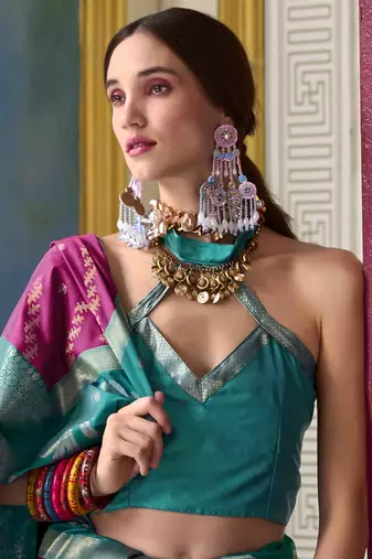 Kimisha wine silk blend banarasi saree with unstitched blouse piece