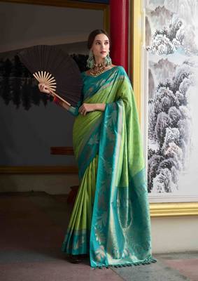 Kimisha pista silk blend banarasi saree with unstitched blouse piece 1