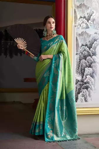 Kimisha pista silk blend banarasi saree with unstitched blouse piece