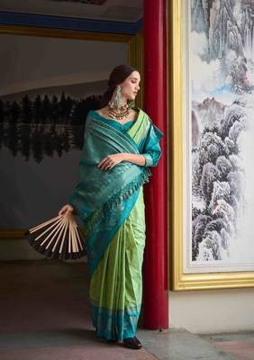 Kimisha pista silk blend banarasi saree with unstitched blouse piece 2