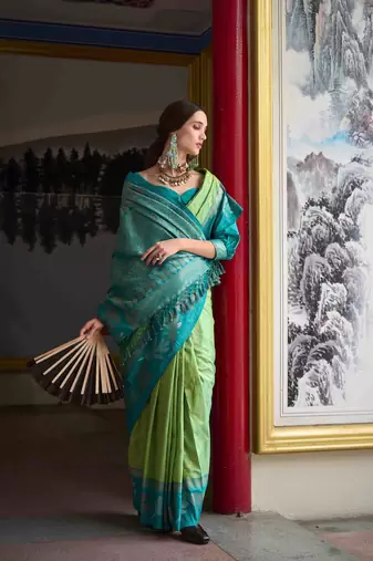 Kimisha pista silk blend banarasi saree with unstitched blouse piece