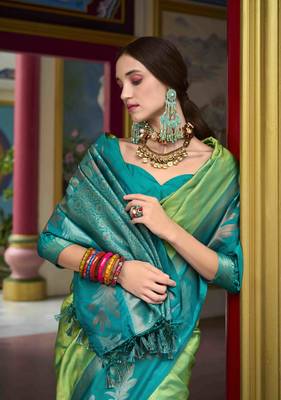 Kimisha pista silk blend banarasi saree with unstitched blouse piece 3