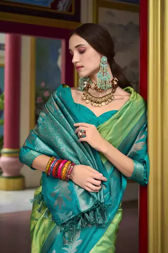 Kimisha pista silk blend banarasi saree with unstitched blouse piece
