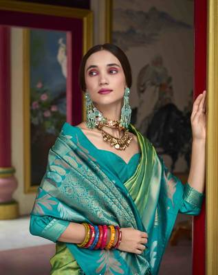 Kimisha pista silk blend banarasi saree with unstitched blouse piece 5
