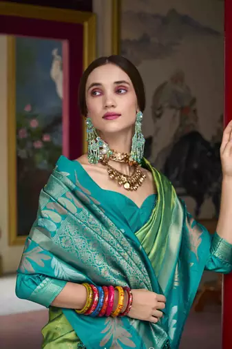 Kimisha pista silk blend banarasi saree with unstitched blouse piece