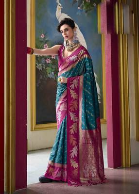 Kimisha teal silk blend banarasi saree with unstitched blouse piece 1