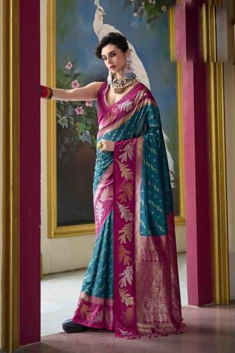Kimisha teal silk blend banarasi saree with unstitched blouse piece