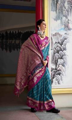 Kimisha teal silk blend banarasi saree with unstitched blouse piece 2