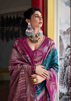 Kimisha teal silk blend banarasi saree with unstitched blouse piece 3