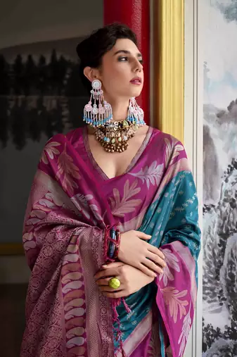 Kimisha teal silk blend banarasi saree with unstitched blouse piece