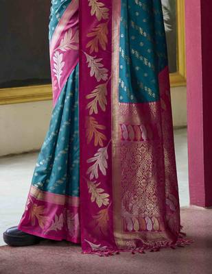 Kimisha teal silk blend banarasi saree with unstitched blouse piece 4