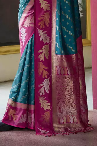 Kimisha teal silk blend banarasi saree with unstitched blouse piece