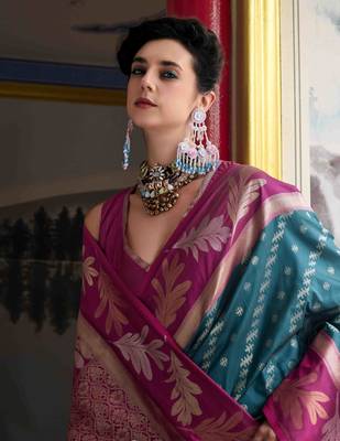 Kimisha teal silk blend banarasi saree with unstitched blouse piece 5