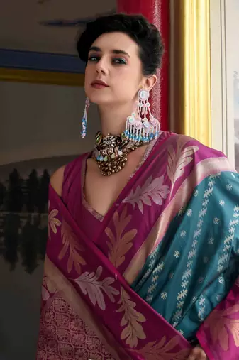 Kimisha teal silk blend banarasi saree with unstitched blouse piece