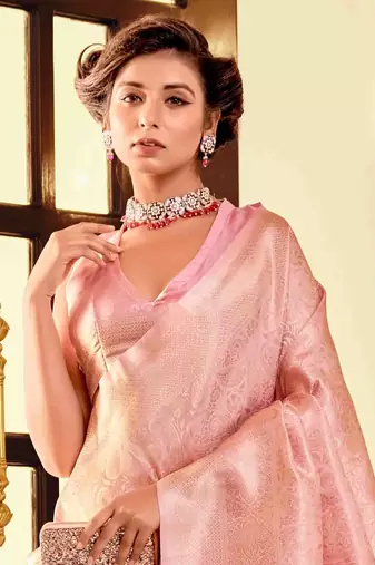 Kimisha women's pink silk blend kanjeevaram saree with unstitched blouse piece