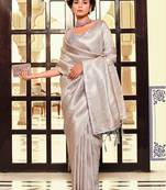 Kimisha women's grey silk blend kanjeevaram saree with unstitched blouse piece