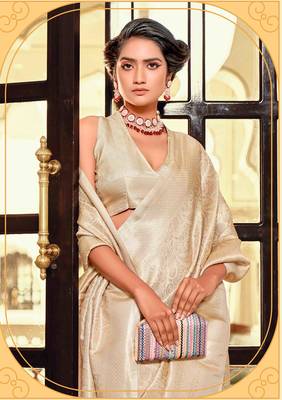 Kimisha women's beige silk blend kanjeevaram saree with unstitched blouse piece 2