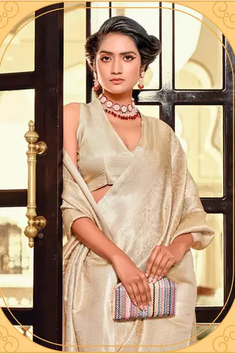Kimisha women's beige silk blend kanjeevaram saree with unstitched blouse piece