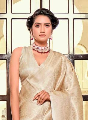 Kimisha women's beige silk blend kanjeevaram saree with unstitched blouse piece 4