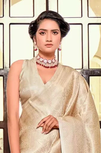 Kimisha women's beige silk blend kanjeevaram saree with unstitched blouse piece
