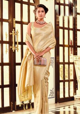 Kimisha women's cream silk blend kanjeevaram saree with unstitched blouse piece 1