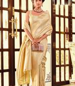 Kimisha women's cream silk blend kanjeevaram saree with unstitched blouse piece