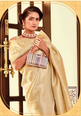 Kimisha women's cream silk blend kanjeevaram saree with unstitched blouse piece 2