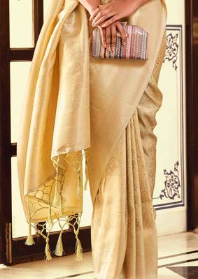 Kimisha women's cream silk blend kanjeevaram saree with unstitched blouse piece 3