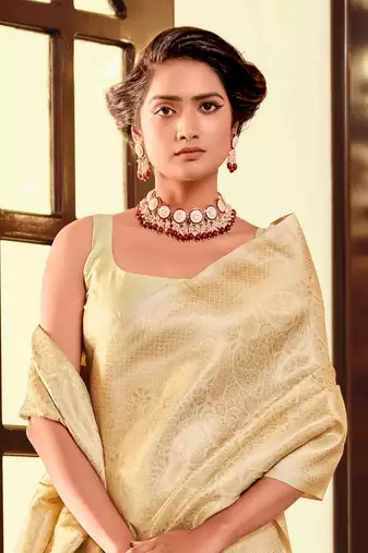 Kimisha women's cream silk blend kanjeevaram saree with unstitched blouse piece