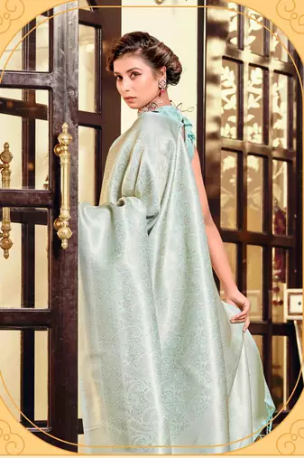 Kimisha women's sea green silk blend kanjeevaram saree with unstitched blouse piece