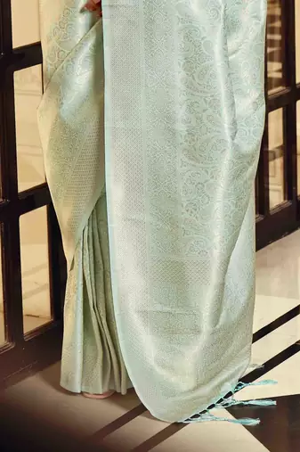 Kimisha women's sea green silk blend kanjeevaram saree with unstitched blouse piece
