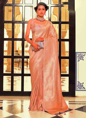 Kimisha women's peach silk blend kanjeevaram saree with unstitched blouse piece 1