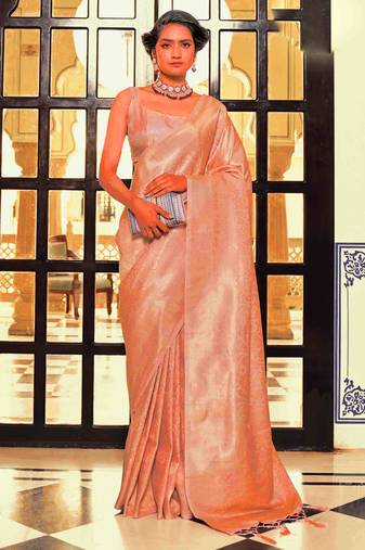 Kimisha women's peach silk blend kanjeevaram saree with unstitched blouse piece