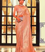 Kimisha women's peach silk blend kanjeevaram saree with unstitched blouse piece