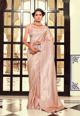 Kimisha women's peach silk blend kanjeevaram saree with unstitched blouse piece 1